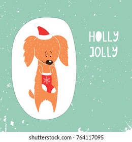 Hand drawn winter holidays greeting card with cute funny cartoon dog in a hat, typography. Isolated objects on white background. Vector illustration. Design concept for children, Christmas, New Year.