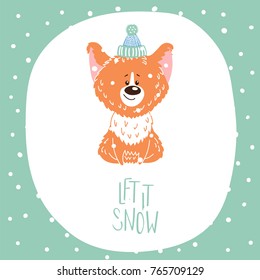 Hand drawn winter holidays greeting card with cute funny cartoon dog in a hat, typography. Isolated objects on white background. Vector illustration. Design concept for children, Christmas, New Year.