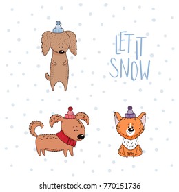 Hand drawn winter holidays greeting card with cute funny cartoon dogs, typography. Isolated objects on white background. Vector illustration. Design concept for children, Christmas, New Year.