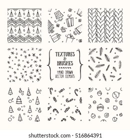 Hand drawn winter holidays textures and brushes. Artistic collection of design elements: knitted pattern, sweater ornament, gift box, christmas tree, snowflake, candy cane, pine branch background.