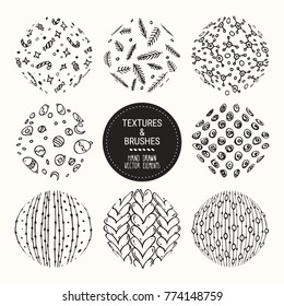 Hand drawn winter holidays textures and brushes. Artistic vector collection of design elements: knitted pattern, sweater ornament, christmas tree decor, snowflake, candy cane, pine branch background.