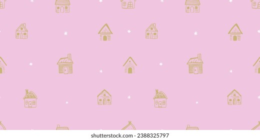 Hand drawn winter house seamless pattern illustration. Vintage style cabin drawing background for festive xmas celebration event. Holiday gingerbread home texture print, december decoration wallpaper.