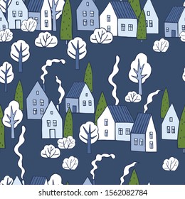 Hand drawn winter houses with trees. Vector  seamless pattern.