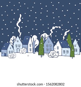 Hand drawn winter houses with trees. Vector sketch  illustration.