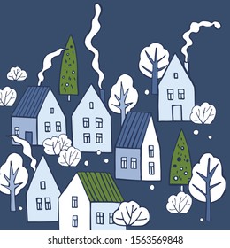 Hand drawn winter houses with trees. Vector sketch  illustration.