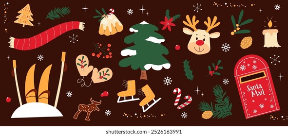 Handgezeichnete Winterillustrationen. Weihnachtsmappe, Tannenbaum, Fäustlinge, Ski im Schnee, Weihnachtskuchen, Schal, Kerze, Lebkuchen. Vektordesign.