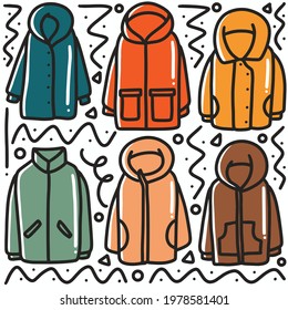 hand drawn winter jackets doodle set with icons and design elements