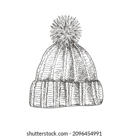 Hand drawn winter knitted hat with pompom. Isolated sketch on white background. Vector illustration.
