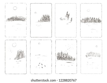 Hand drawn winter landscape card set with forrest, snow field, sky and sun, birds. Pencil sketch in a rectangle frame. Winter nature background design.