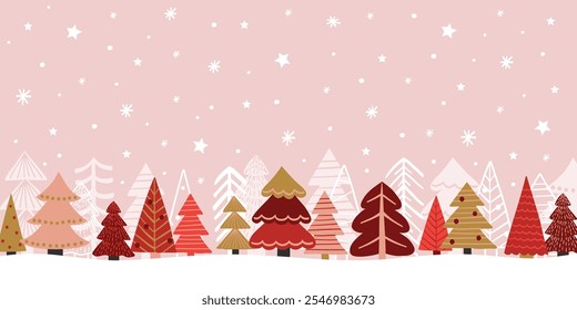 Hand drawn winter landscape with Christmas trees. Holiday decoration. Vector illustration