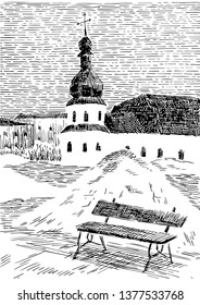 Hand drawn winter landscape with church.
Black and white vector  illustration in Engraving style