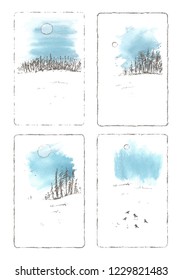 Hand drawn winter landscape with forrest, snow field, birds, sky and sun. Pencil sketch and watercolor stain, frame. Winter nature background design.