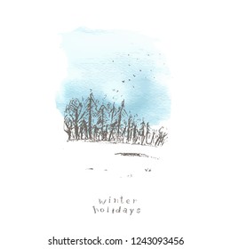 Paisaje invernal dibujado a mano con bosque, campo de nieve, cielo azul, pájaros voladores y sol. Dibujo a lápiz y mancha de acuarela, marco. Diseño de fondo de naturaleza invernal.