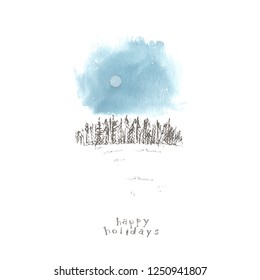 Hand drawn winter landscape with forrest, snow field, sky and sun. Pencil sketch and watercolor stain. Winter nature background design. Happy holidays lettering.