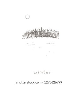 Hand drawn winter landscape with forrest, snow field, sky and sun. Pencil sketch winter nature background design.