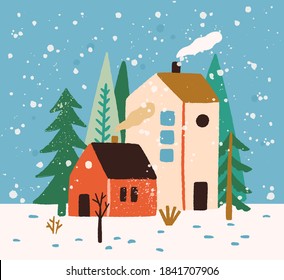 Hand drawn winter landscape with houses, trees and snowflakes vector flat illustration. Colorful rustic buildings exterior surrounded by snow and forest. Seasonal countryside scenery, wintertime mood