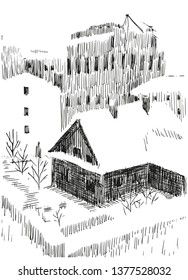 Hand drawn winter landscape with old manor house surrounded by the city buildings. Black and white vector  illustration in Engraving style