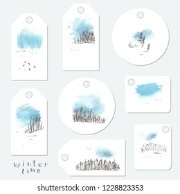 Hand drawn winter landscape tag set with forrest, snow field, sky, birds and sun. Pencil sketch and watercolor stain, frame. Winter nature background design.