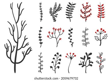 Hand drawn winter leaves and branches. Floral twig, botanical branch with berry and leaf for cards or posters. Set of vintage doodle flowers Merry Christmas and Happy New Year. Vector illustration.