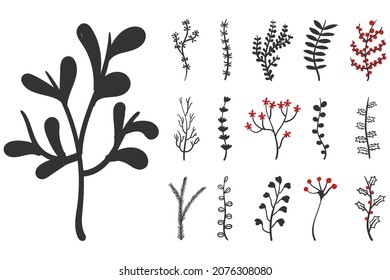 Hand drawn winter leaves and branches. Floral twig, botanical branch with berry and leaf for cards or posters. Set of vintage doodle flowers Merry Christmas and Happy New Year. Vector illustration.