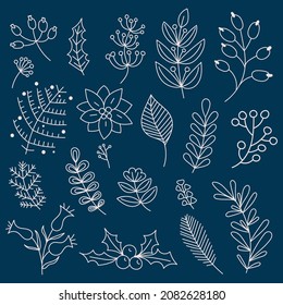 Hand drawn winter leaves and branches in doodle style. Christmas floral collectione with leaf, fir, pine branches, berry for invitations, greeting card, textile, fabric, posters.
