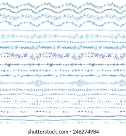 Hand Drawn Winter Line Border Brushes Set.Christmas Snowflake Seamless Pattern, Ornament.Colored Doodle Decor.For Decorating Greeting Card, Design Template, Invitations, Holiday,baby Design.Vector 