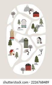 Hand Drawn winter map creator with houses, pine trees, people and outdoor elements. Flat illustration for poster, greeting card, print