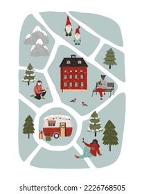 Creador de mapas de invierno con casas, pinos, tráiler de vacaciones, gnomo, celebración de personas y elementos al aire libre. Ilustración de Navidad plana para afiche, tarjeta de saludo, imprimir