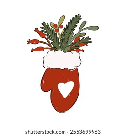 Hand drawn winter mitten filled with festive greenery and red berries for Christmas holiday decor vector illustration
