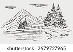 Hand drawn winter mountain landscape with snow, evergreen pine trees. Vector sketch illustration in ventage crayon textured style. Travel concept, climbing, skiing, Christmas greeting card