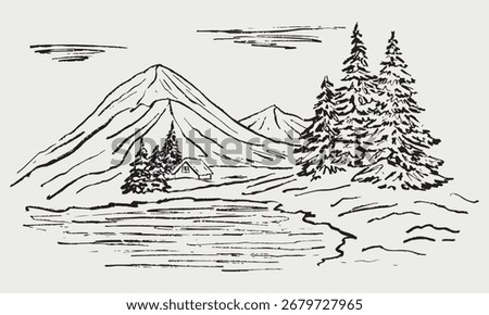 Hand drawn winter mountain landscape with snow, evergreen pine trees. Vector sketch illustration in ventage crayon textured style. Travel concept, climbing, skiing, Christmas greeting card