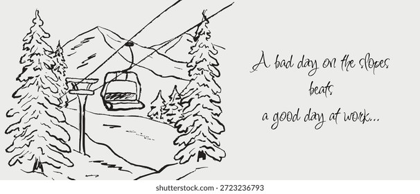 Hand drawn winter mountain with ski lift. Vector sketch illustration in vintage crayon charcoal style. Winter sports concept, winter mountain vacation