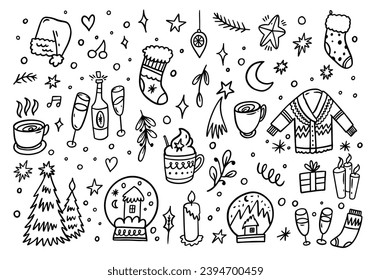 Hand drawn winter and new year doodle elements set in cartoon style. Vector art isolated on white background.