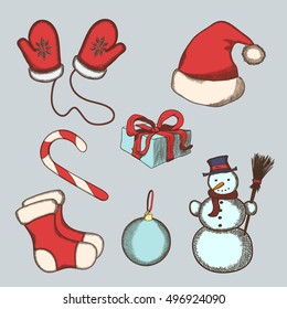 Hand drawn winter, New Year and Christmas symbols set. Gloves, cap,candy, present box, pair of socks, decoration ball and snowman.