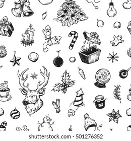 Hand drawn winter pattern. Christmas pattern. Winter elements. Deer, snowflakes, holly, christmas balls, snowballs, spruce, mitten, sweets, candles, gifts, cone.