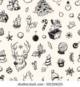 Hand drawn winter pattern. Christmas pattern. Winter elements. Deer, snowflakes, holly, christmas balls, snowballs, spruce, mitten, sweets, candles, gifts, cone.