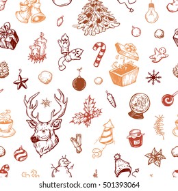 Hand drawn winter pattern. Christmas pattern. Winter elements. Deer, snowflakes, holly, christmas balls, snowballs, spruce, mitten, sweets, candles, gifts, cone.