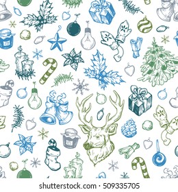Hand drawn winter pattern. Christmas pattern. Winter elements. Deer, snowflakes, holly, christmas balls, snowballs, spruce, mitten, sweets, candles, gifts, cone.