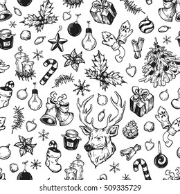 Hand drawn winter pattern. Christmas pattern. Winter elements. Deer, snowflakes, holly, christmas balls, snowballs, spruce, mitten, sweets, candles, gifts, cone.