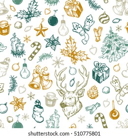 Hand drawn winter pattern. Christmas pattern. Winter elements. Deer, snowflakes, holly, christmas balls, snowballs, spruce, mitten, sweets, candles, gifts, cone.