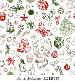 Hand drawn winter pattern. Christmas pattern. Winter elements. Deer, snowflakes, holly, christmas balls, snowballs, spruce, mitten, sweets, candles, gifts, cone.