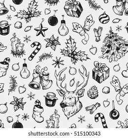 Hand drawn winter pattern. Christmas pattern. Winter elements. Deer, snowflakes, holly, christmas balls, snowballs, spruce, mitten, sweets, candles, gifts, cone.