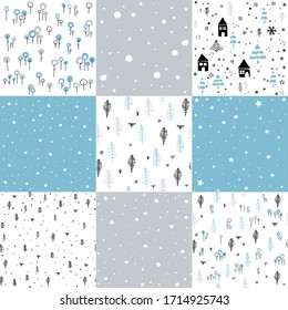 Hand drawn winter pattern set and vector illustration