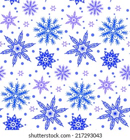 Hand drawn winter pattern with various falling snowflakes for Christmas background and holiday decor in white and bright blue colors. Seamless vector texture..