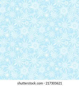 Hand drawn winter pattern with various falling snowflakes for Christmas background and holiday decor in white and soft blue colors. Seamless vector texture.