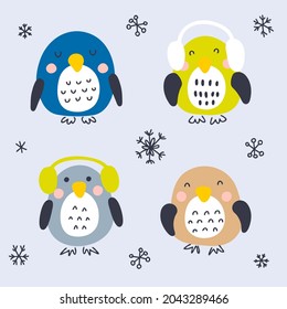 Hand drawn winter penguins vector collection. Perfect for poster, textile and prints. Cartoon style illustration for decor and design.