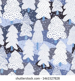 Hand drawn Winter pine tree seamless pattern. Doodle forest background. Naive art style. Design for fabric, textile print, wrapping paper, children textile. Vector illustration