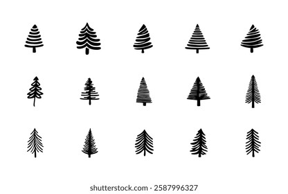 Hand drawn winter pine trees vector set