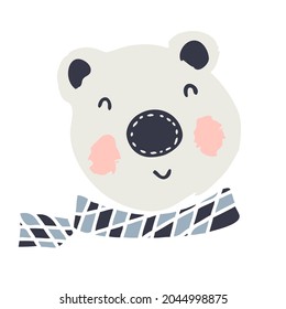 Handgezeichneter Winterpolarbär in einem Schal mit Schachbrett. Perfekt für T-Shirt, Textilien und Drucke. Vektorgrafik im Cartoon-Stil für Dekoration und Design.
