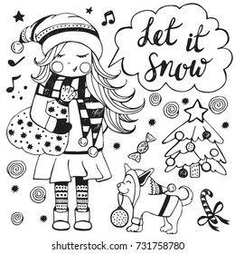 Hand drawn winter poster with cute girl, dog and holiday elements, natural elements. Christmas and New year theme. Cartoon vector design for holiday postcards, greeting cards, prints, t-shirt.